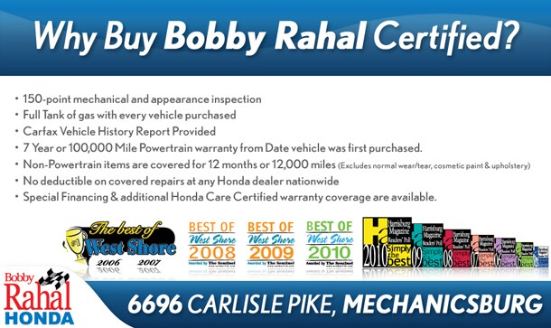 Why Buy Bobby Rahal Certified? With a 150-point mechanical inspection and appearance inspection, to a full tank of gas, to a Carfax Vehicle History Report, why wouldn't you buy?