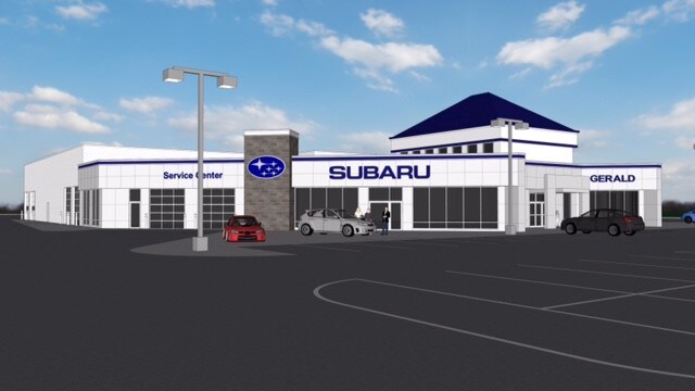 Side view of rendering of the New Gerald Subaru of North Aurora dealership location