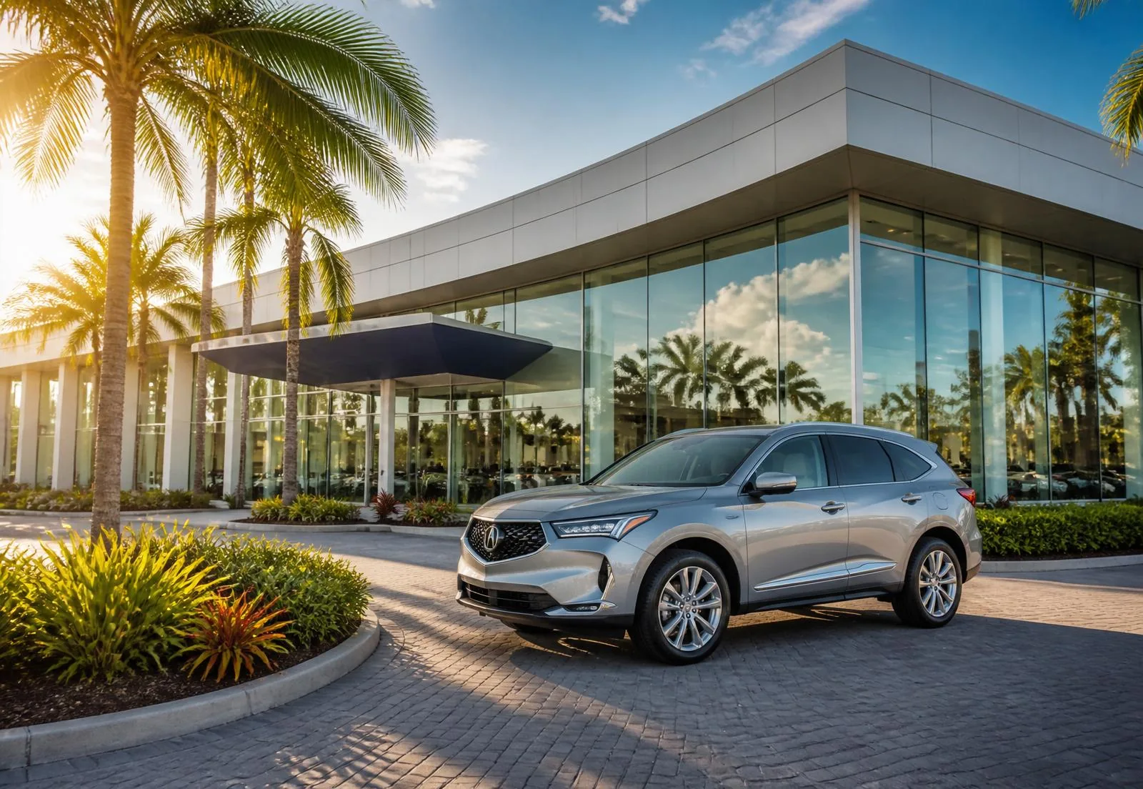 Acura of Palm Beach showroom exterior in West Palm Beach, Florida with palm trees and a silver Acura MDX out front