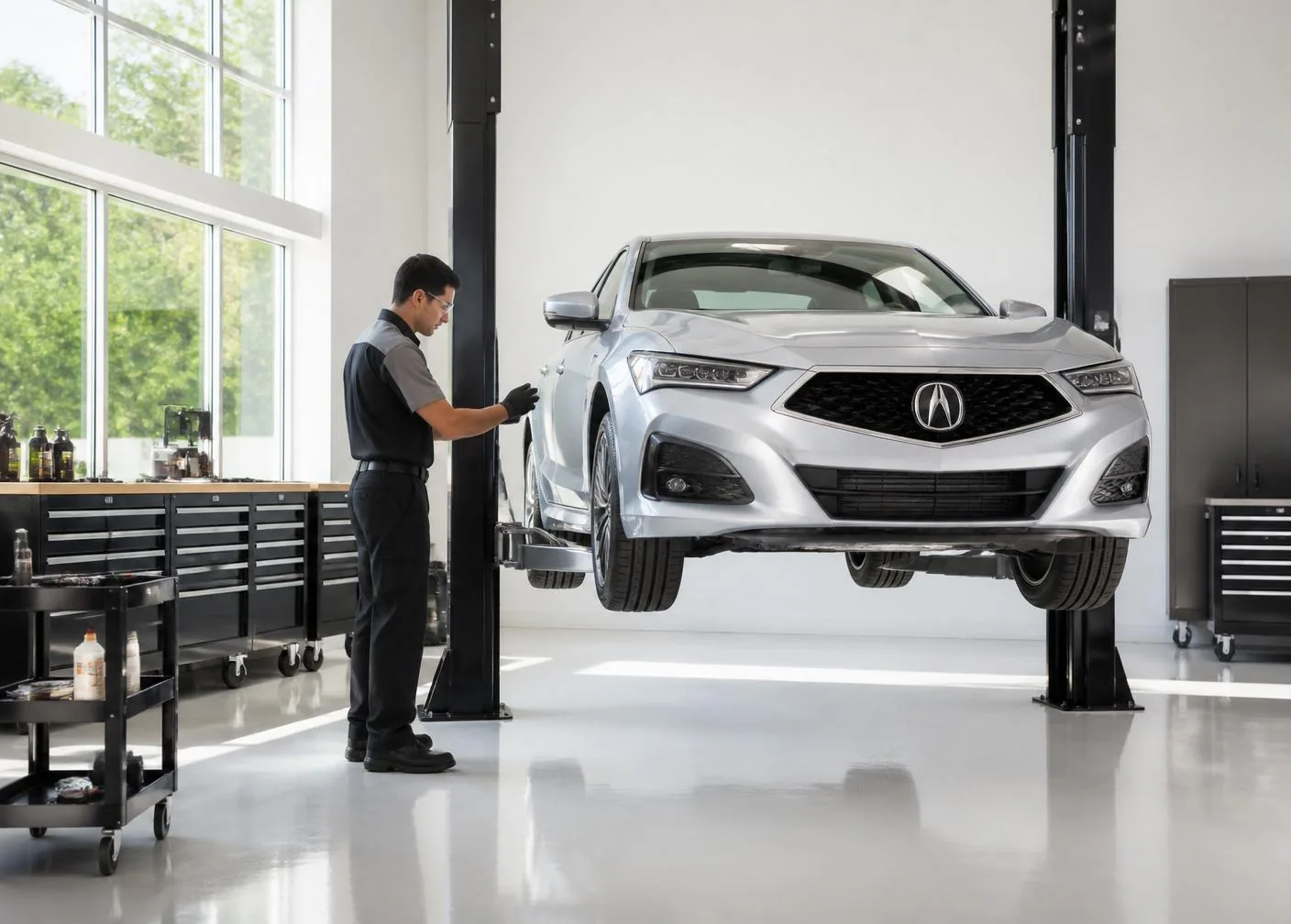 Acura-certified technician inspecting a silver Acura sedan on a lift in a bright West Palm Beach service bay