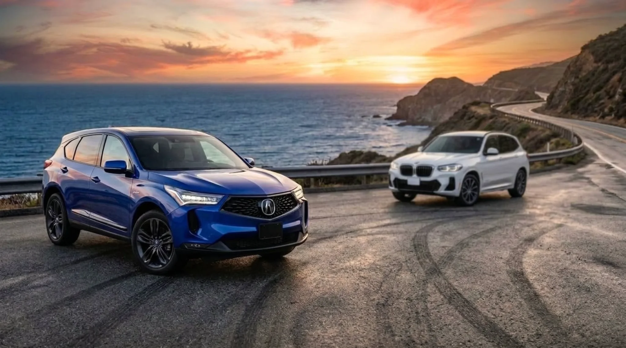 2026 Acura RDX vs. 2026 BMW X3 Coastal Comparison 2026 Acura RDX and 2026 BMW X3 on a coastal road at sunset