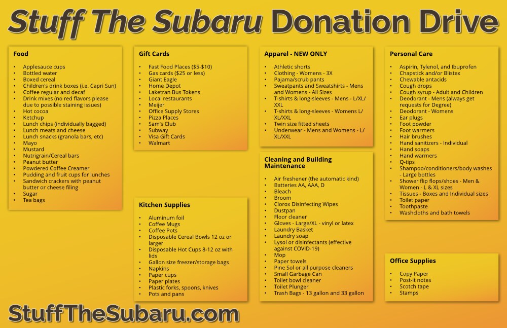 Stuff The Subaru Donation Drive Project Hope For The Homeless Donation List.png