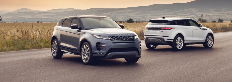 Blue and Silver Range Rover Evoque models parked in countryside.