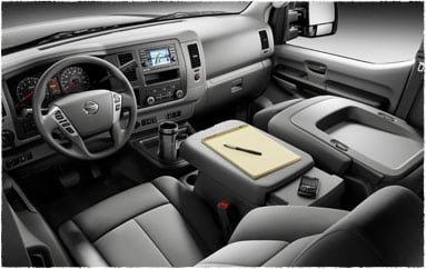 Image: Driver's perspective of interior, passenger seat folded down