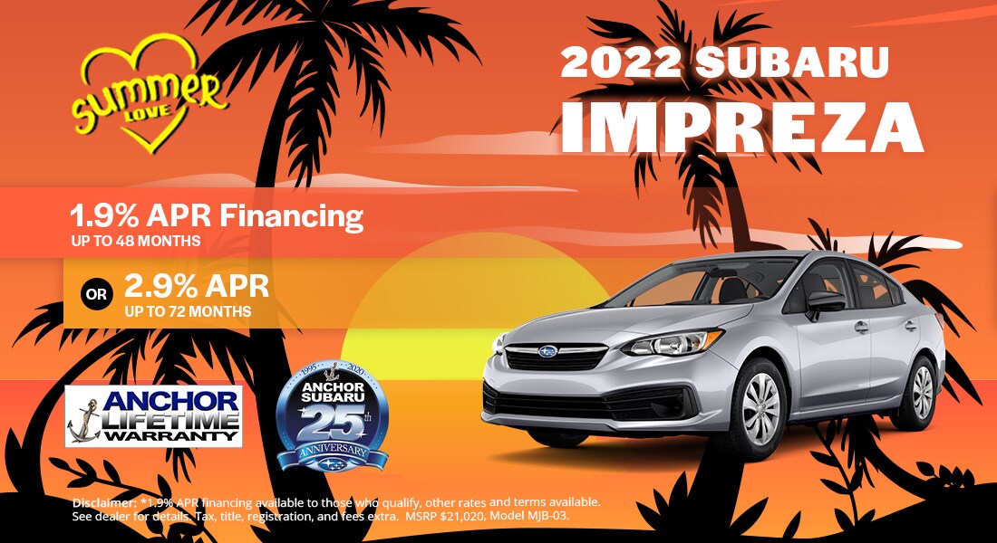 1100x600-subaru-summer-impreza.jpg 2022 Subaru Impreza - 1.9% APR Financing Available for 48 Months. or 2.9% APR Up To 72 Months.