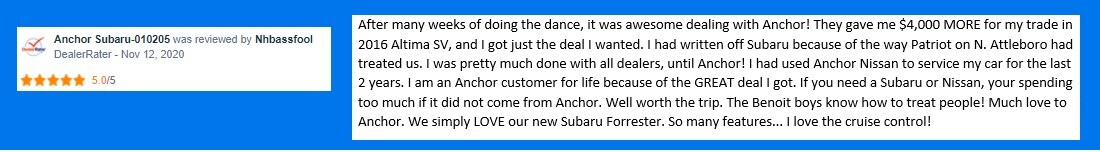 Anchor Subaru Review 1100x150 11.12.20.jpg a 5 star DealerRater review about anchor subaru from 11/12/2020