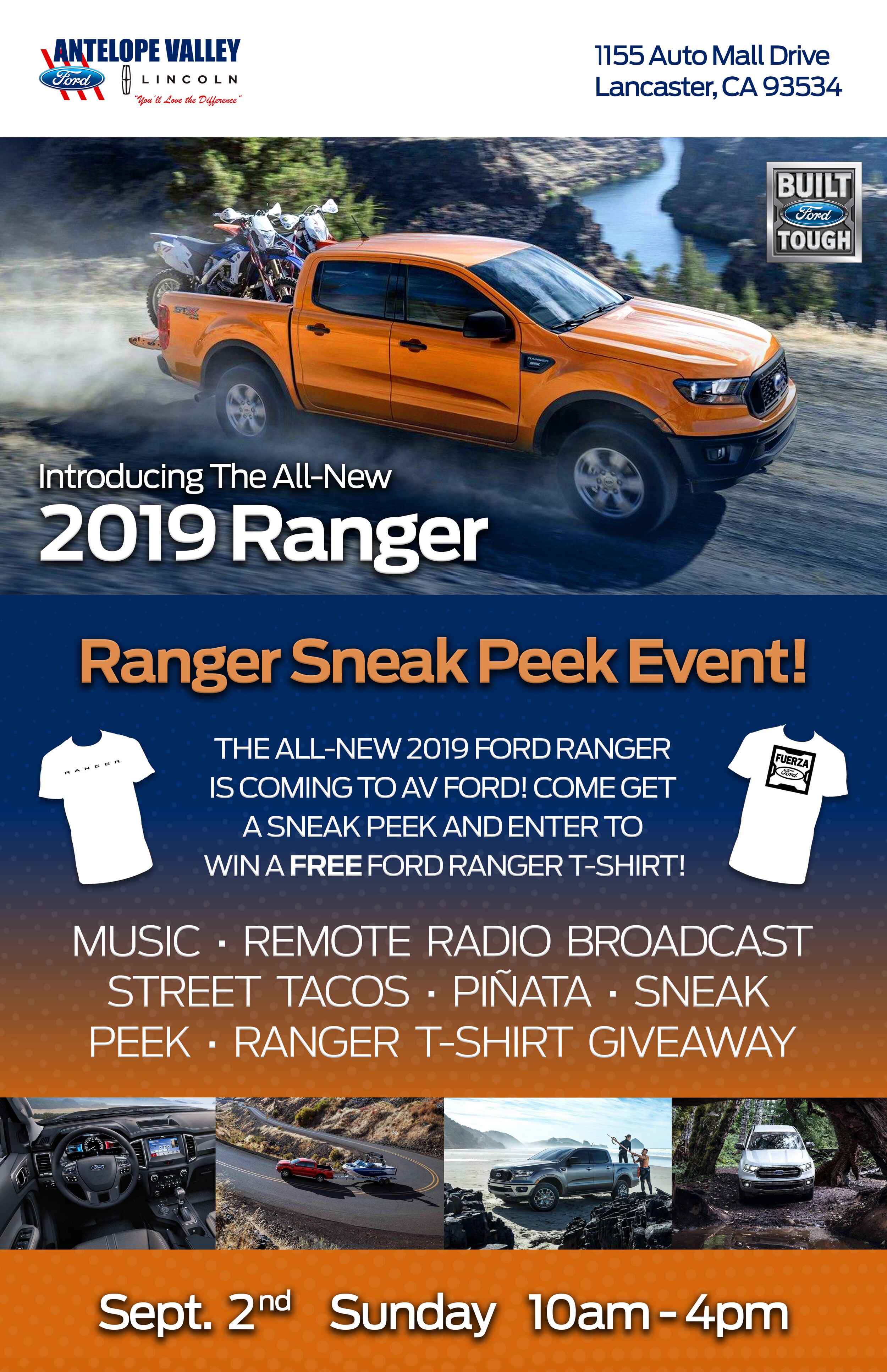 2019 Ranger Event RVS Poster 3.jpg Join us for a 2019 Ford Ranger sneak peek event the at Antelope Valley Ford in Lancaster, CA