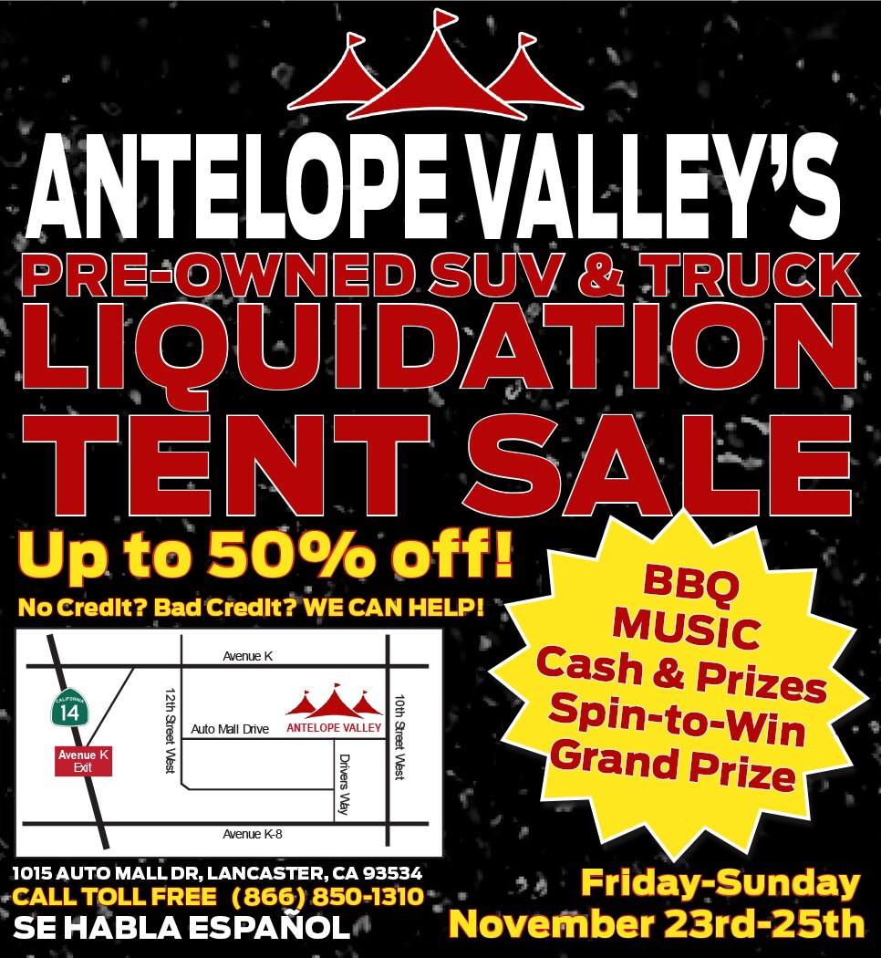 AVFLM Tent Sale AV Press 3.22x3.5 112018 v3.jpg Antelope Valley's Pre Owned SUV and Truck Liquidation Tent Sale with Music, BBQ and Fun! 50% off!