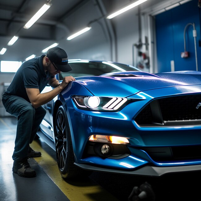 mechanic inspecting a Ford Mustang