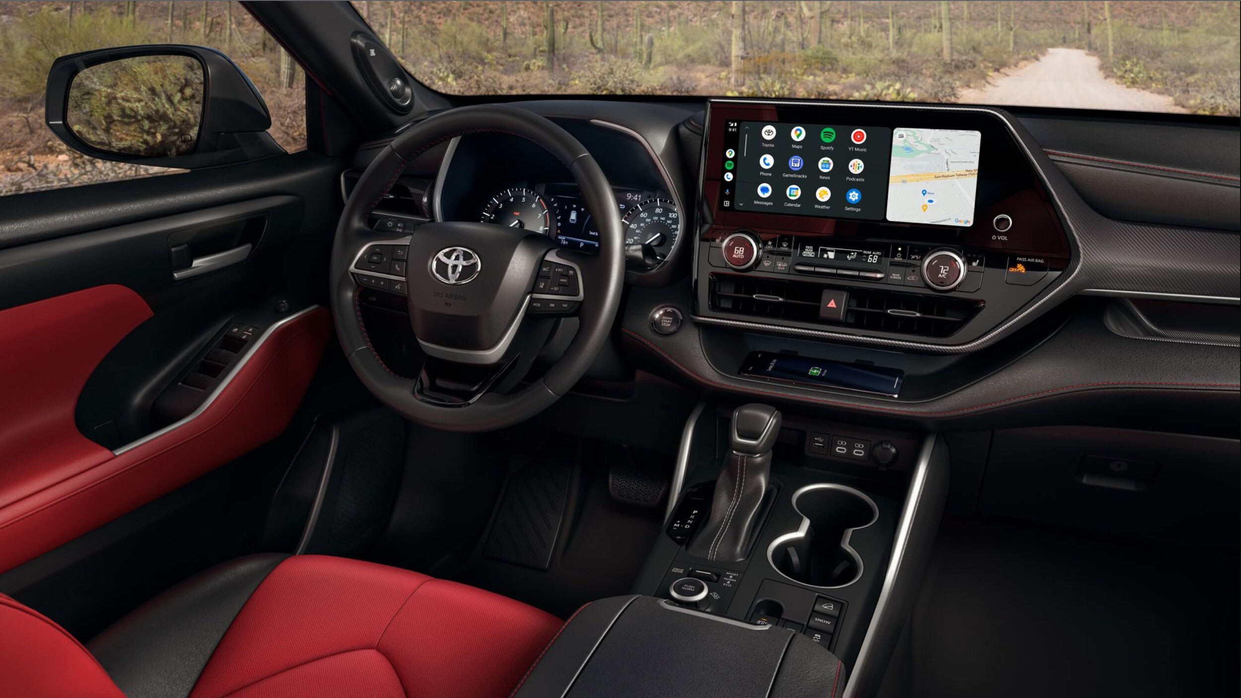 New 2024 Toyota Highlander XSE AWD interior shown in Cockpit Red leather trim near Navasota, TX.png