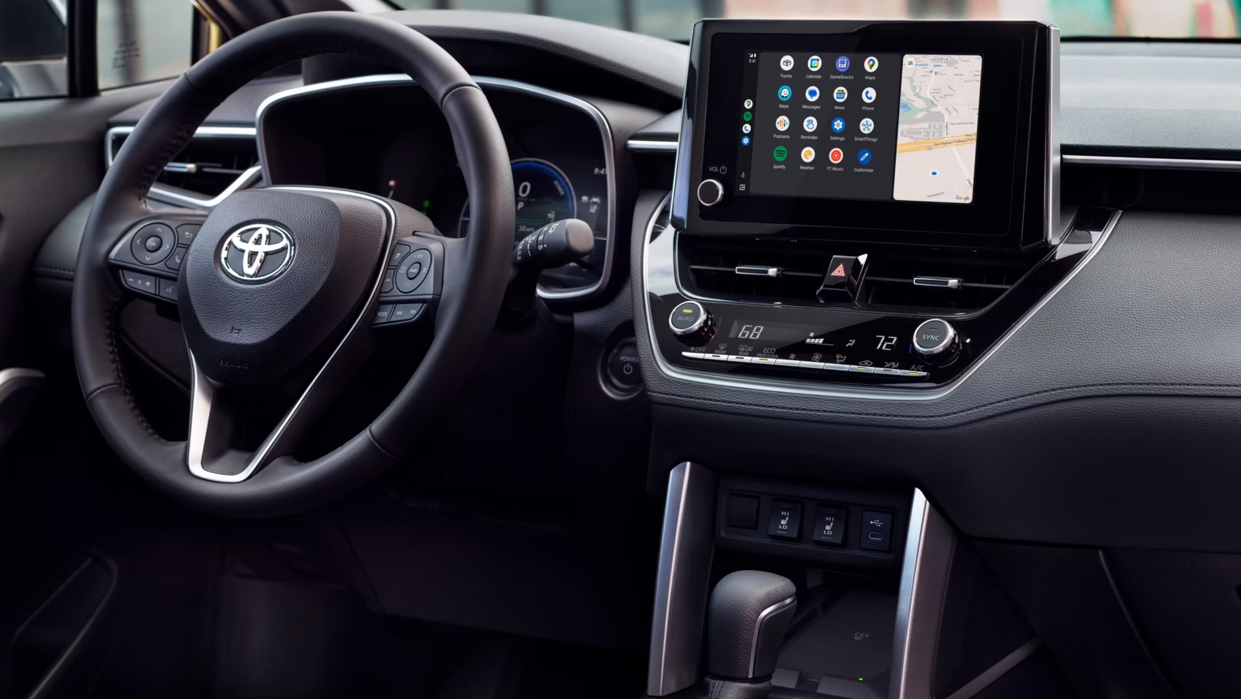 New Corolla Cross Hybrid XSE interior shown in Black/Gray SofTex® trim Near Brenham