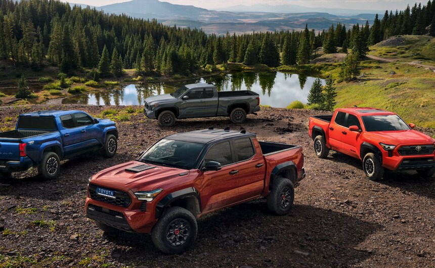 2024%20Toyota%20Tacoma%20TRD%20Pro%20shown%20in%20Terra%20with%20Black%20roof%3B%20%20TRD%20Off-Road%20shown%20in%20Solar%20Octane%3B%20%20TRD%20PreRunner%20shown%20in%20Underground%3B%20TRD%20Sport%20shown%20in%20Blue%20Crush%20Metallic%20near%20Willis