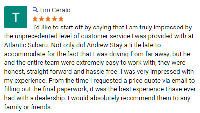 customer review for Atlantic Subaru