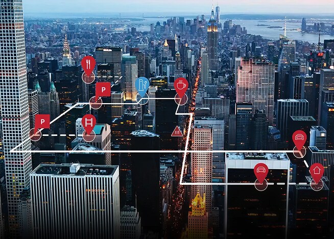 Audi connect CARE interface showing remote features on city map