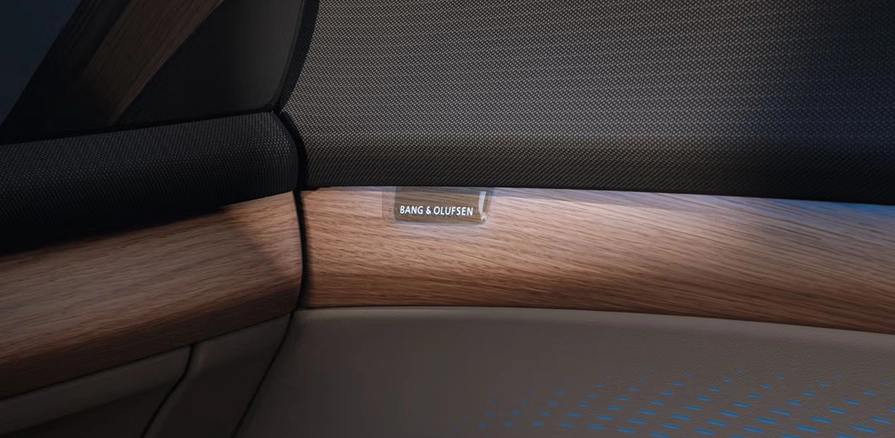 Close-up of a Bang & Olufsen speaker grille set into the wood door trim of the Audi Q7