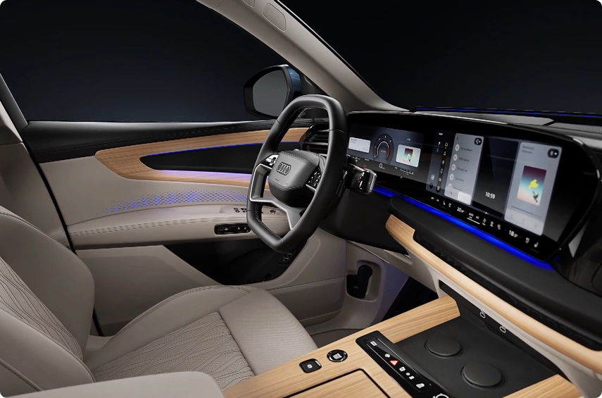 Audi Q7 cockpit with beige seats, wood inlays, blue ambient lighting and curved digital displays