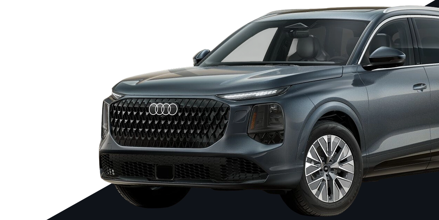 2027 Audi Q7 in gray shown from the front three-quarter angle