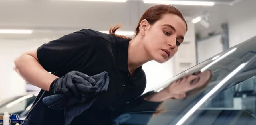 Audi service technician wiping down a vehicle windshield in a service bay