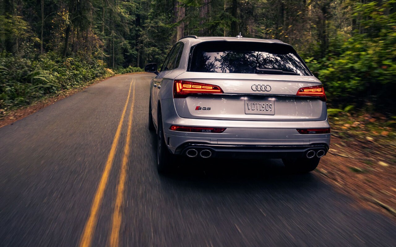 vue arrière d'une Audi SQ5 2024 sur une petite route en forêt