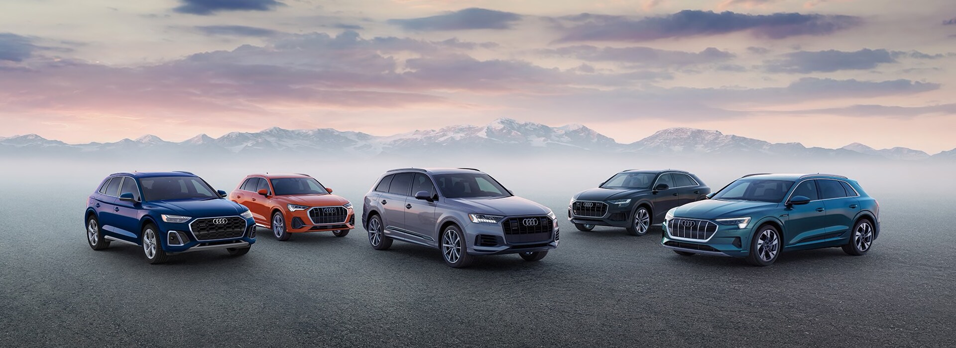 Trade-In-Appraisal.jpg New Audi 2022 lineup all parked in front of mountains.