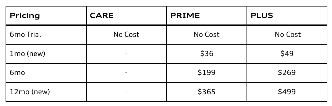 AUDI CONNECT PRICING GRID
