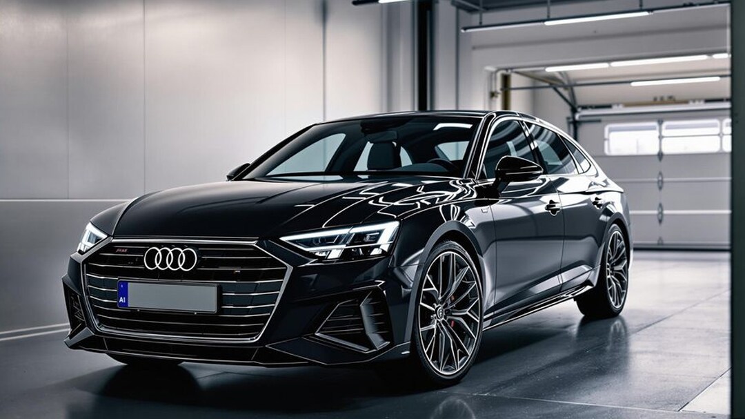 Vue 3/4 avant d'une Audi en location sortant du concessionnaire