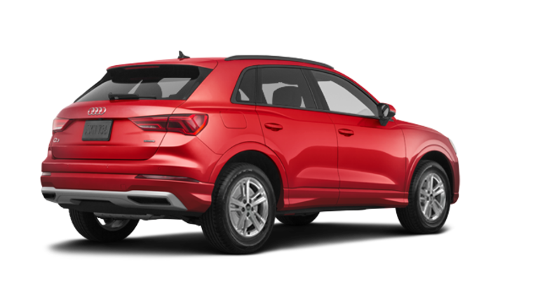 Vue 3/4 arrière de l'Audi Q3 Komfort 40 2022 Rouge tango métallisé