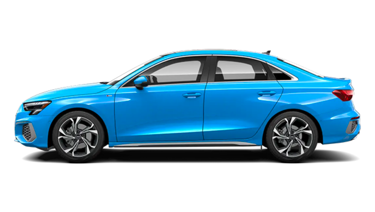 Vue latérale de l'Audi A3 berline Technik 2022 Bleu turbo