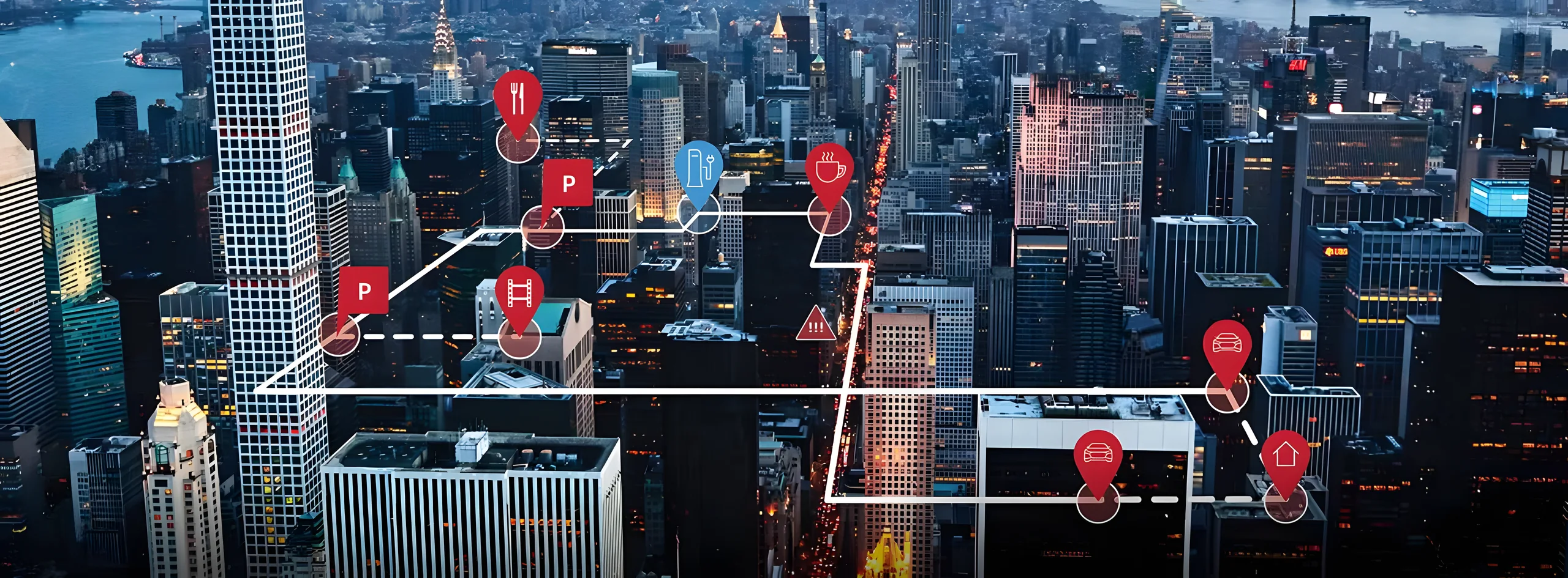 Aerial view of a city with Audi connect points of interest mapped across it