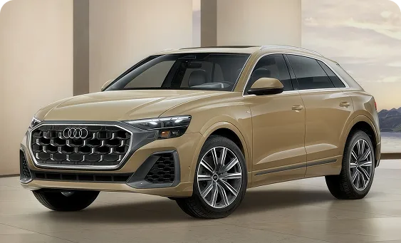 Beige 2027 Audi Q8 Premium Plus parked in a studio setting