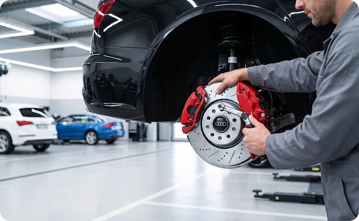 A close-up of an Audi Stuart technician fitting a red Audi brake caliper over a drilled rotor on a raised black Audi