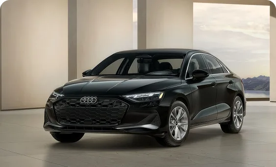 Black 2026 Audi A3 Premium Plus parked in a studio setting