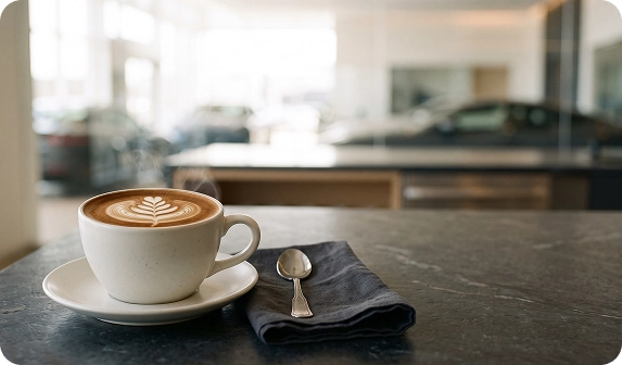 A cappuccino with latte art served on a saucer with a spoon and folded napkin on the dark stone Audi Stuart café counter