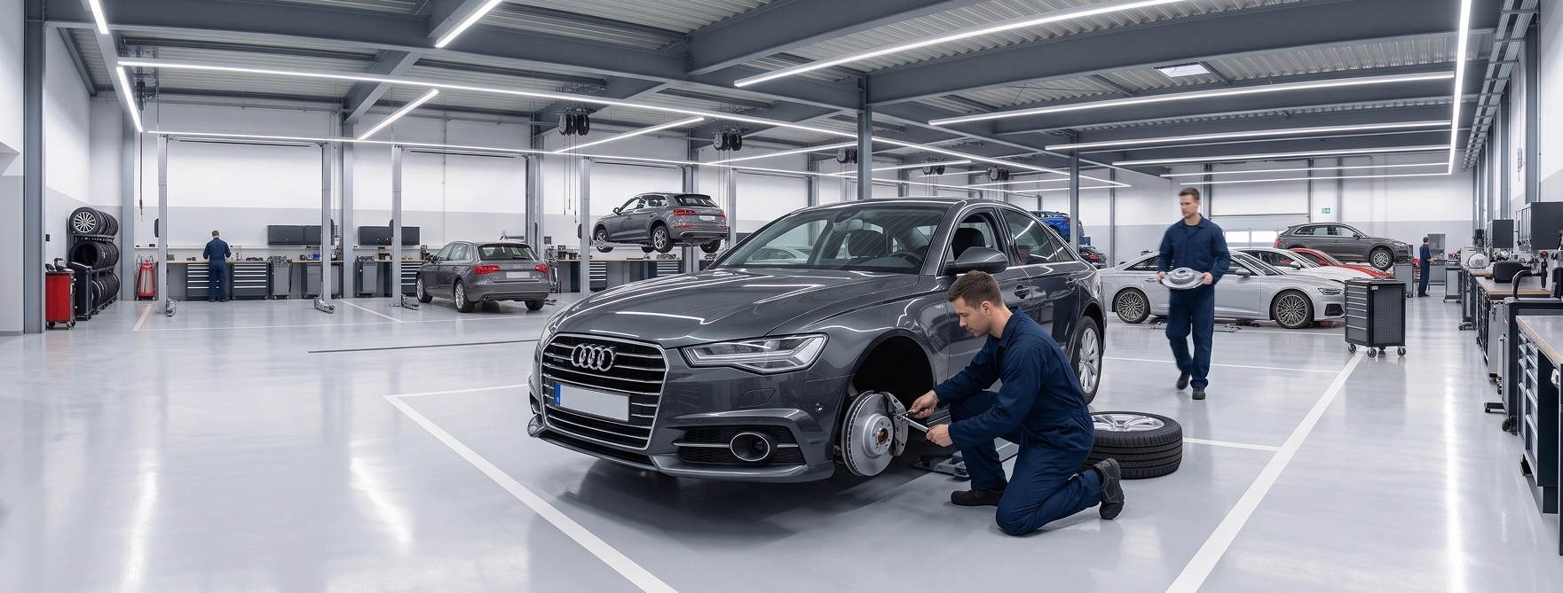 An Audi Stuart technician in navy coveralls kneeling at the exposed front brake rotor of a grey Audi A6 in a bright service shop while a second technician carries a new rotor across the floor