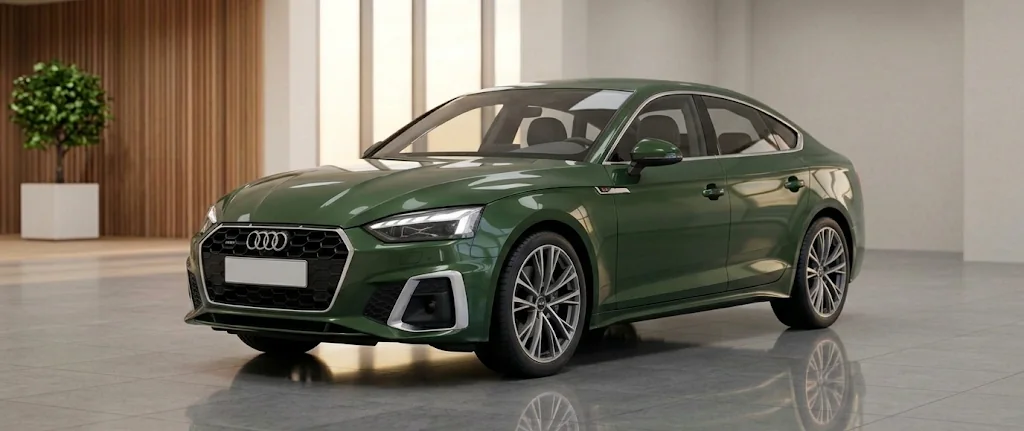 Green Audi hatchback parked in a bright showroom