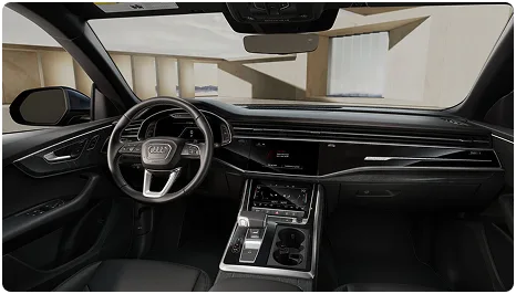 Audi Q8 cockpit with the steering wheel, virtual cockpit and MMI touchscreens