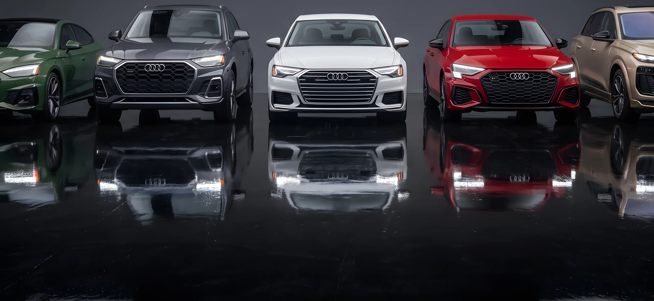 Line-up of Audi models photographed head-on, used as a darkened backdrop