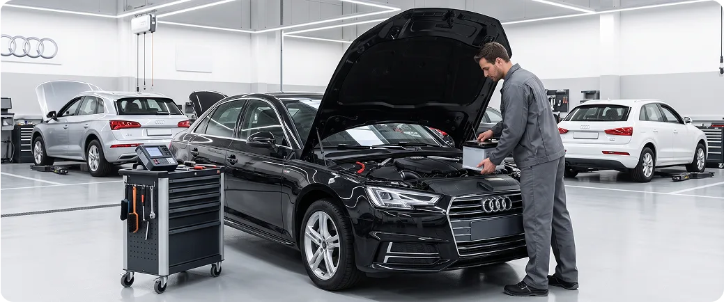 Audi Stuart technician working under the hood of a black Audi beside a rolling tool chest