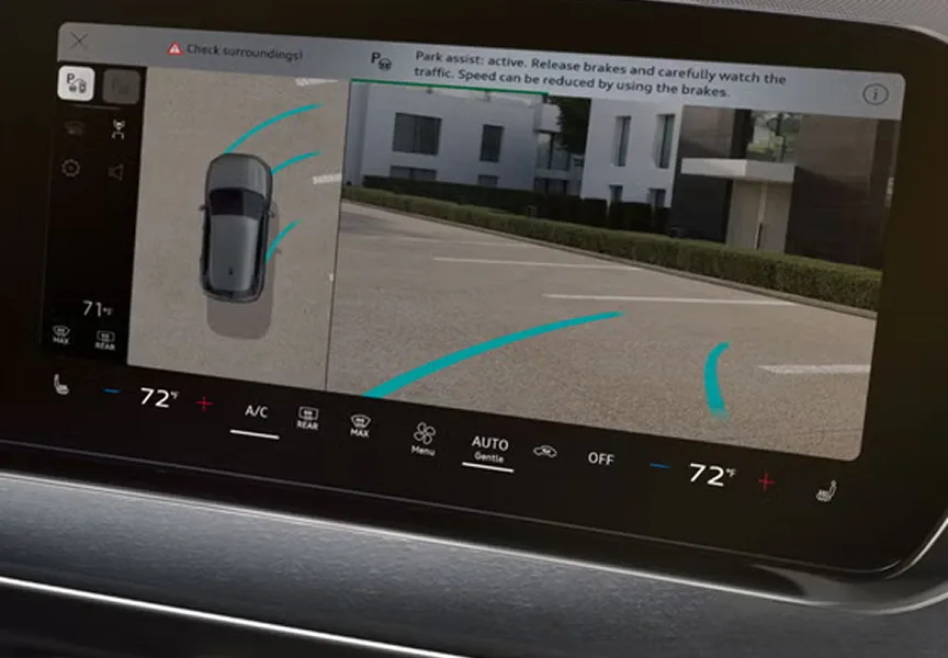 Audi Q3 MMI touch display showing the surround view camera while parking