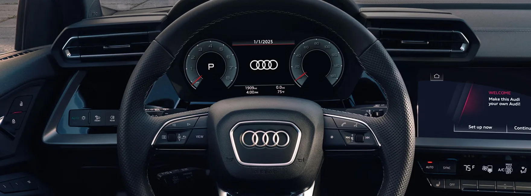Audi A3 steering wheel in front of the virtual cockpit plus display