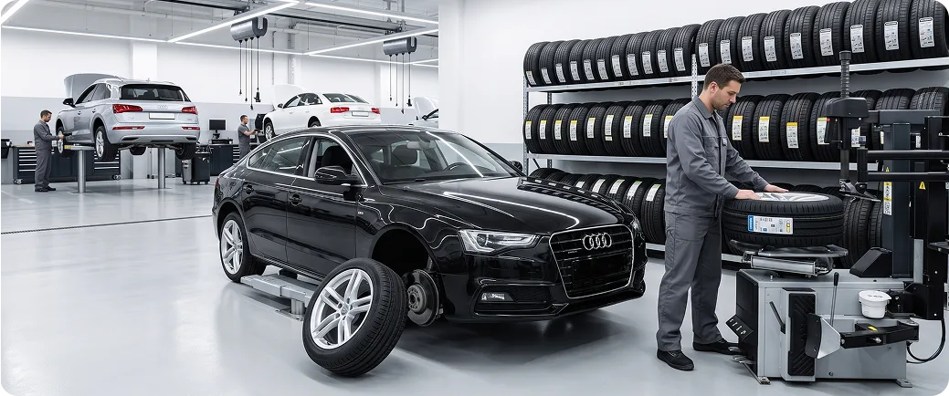 Black Audi parked beside a full rack of tires in the Audi Stuart tire storage area