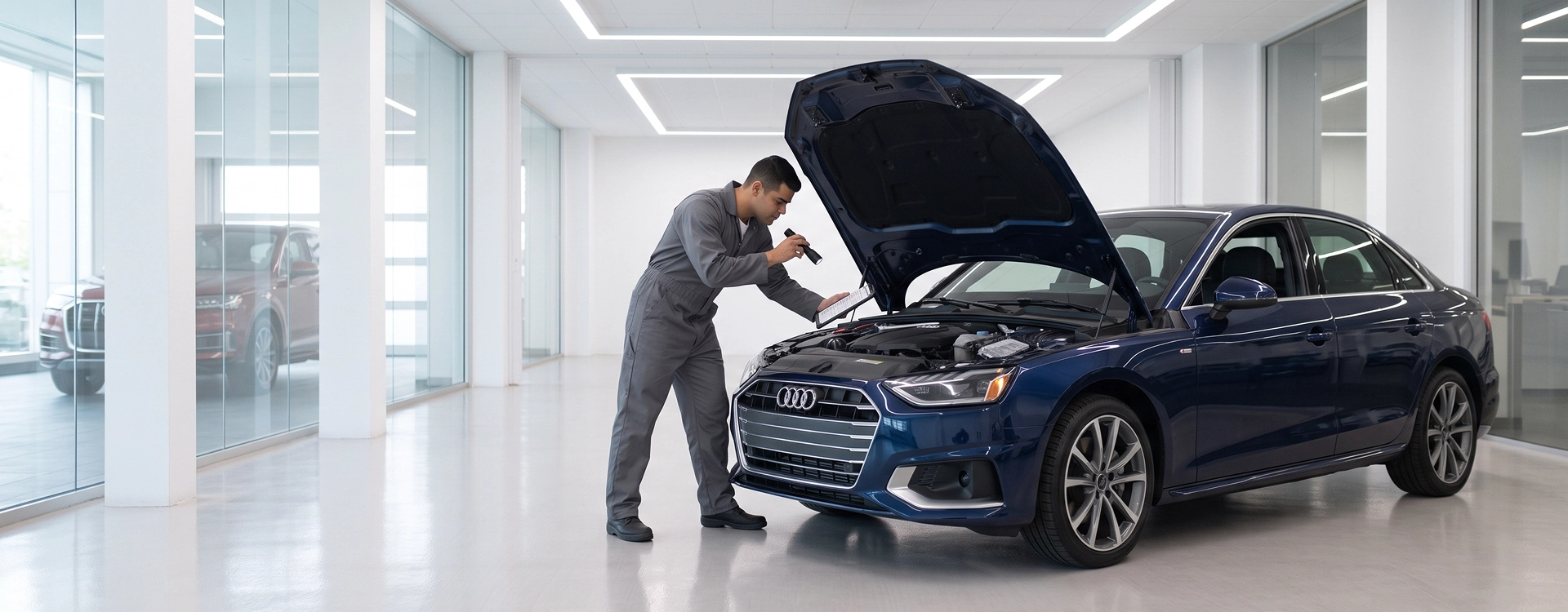 An Audi Stuart technician in grey coveralls inspecting the engine bay of a dark blue Audi A4 sedan with a flashlight and clipboard in a bright white service bay