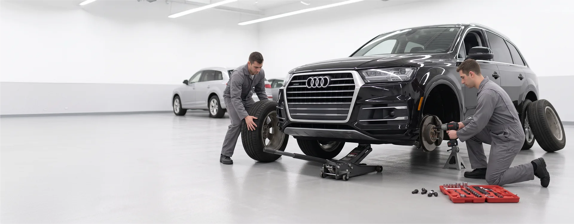 Two Audi Stuart technicians fitting new tires to a silver Audi in the service bay