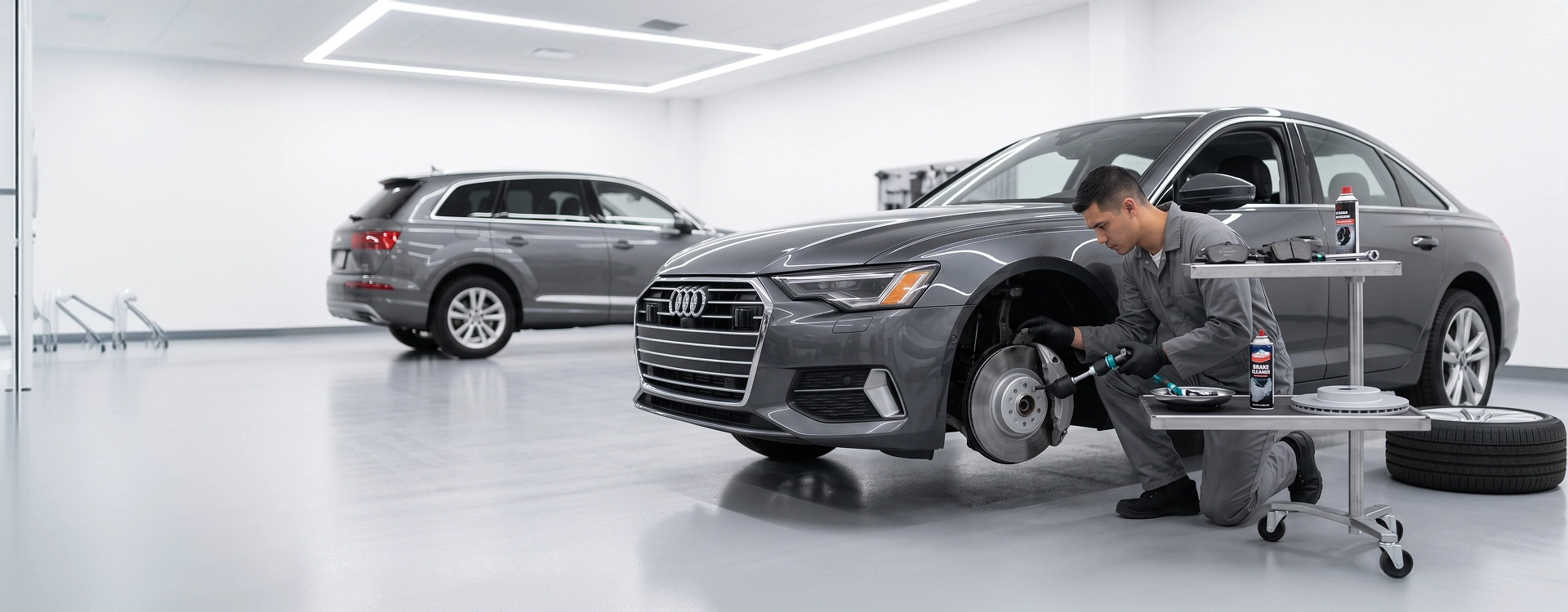 An Audi Stuart technician in grey coveralls kneeling at the front wheel of a grey Audi A6 with the brake rotor exposed, working from a rolling cart of brake parts and brake cleaner while an Audi Q7 waits behind