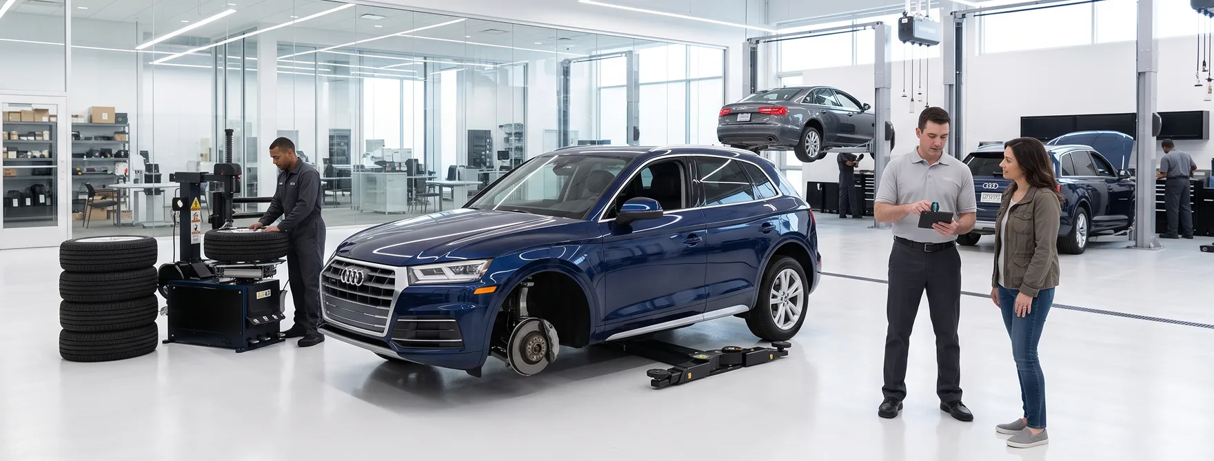 Audi Stuart technician checking the front tire of a blue Audi while an advisor speaks with two customers