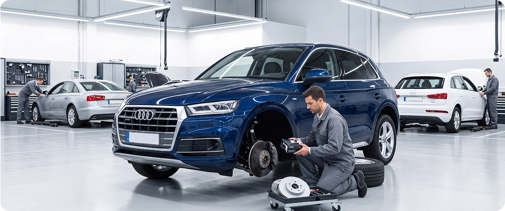 An Audi Stuart technician in grey coveralls kneeling at the front brake of a blue Audi Q5, holding a box of new brake pads above a creeper cart stacked with fresh rotors