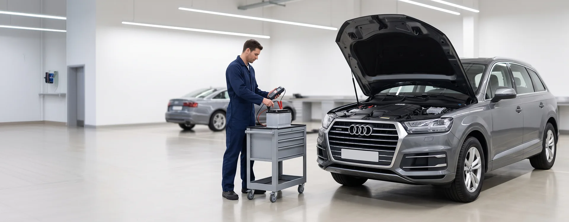 Audi Stuart technician with a diagnostic tablet beside a grey Audi Q7 with its hood raised