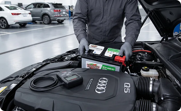 Close-up of a technician lifting a battery out of an Audi engine bay