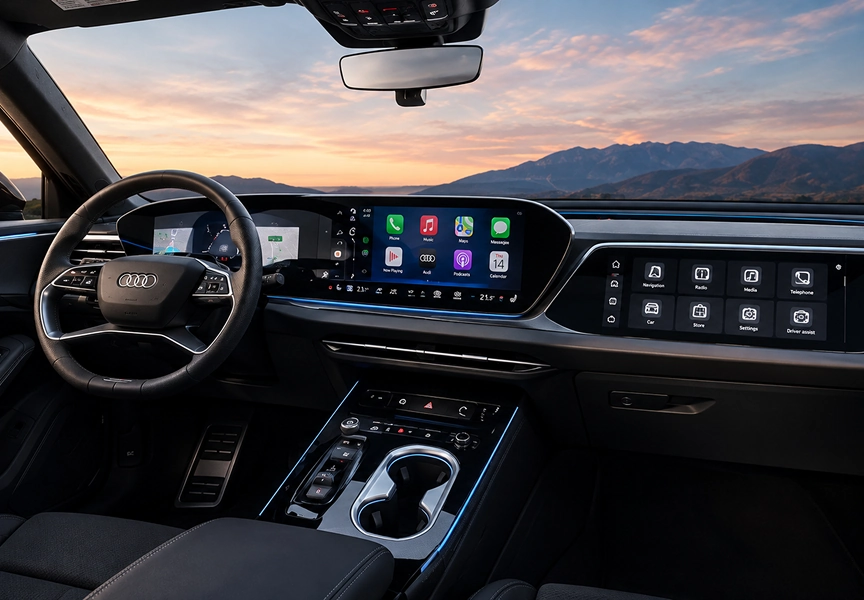 Audi A6 Sedan dashboard with the Audi virtual cockpit and MMI touch display, mountains at sunset beyond the windshield