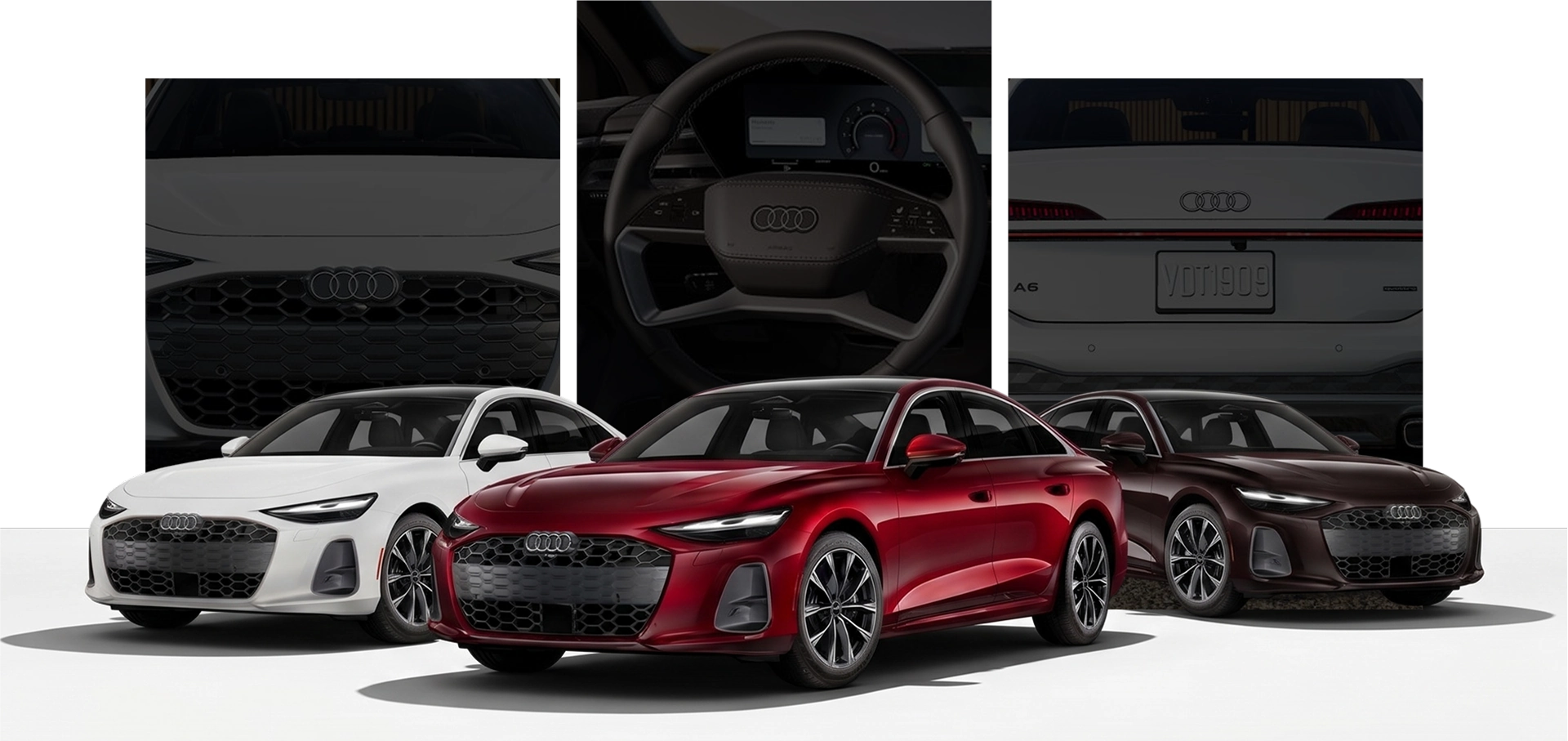 White, red and dark brown 2027 Audi A6 Sedans lined up in front of close-ups of the grille, steering wheel and rear badge